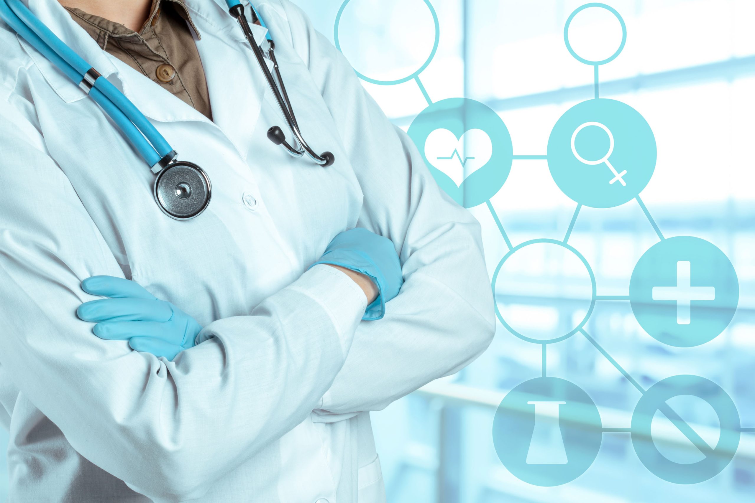 Medico con icone sanitarie digitali, associato al trattamento dei dati sanitari dopo il GDPR.
